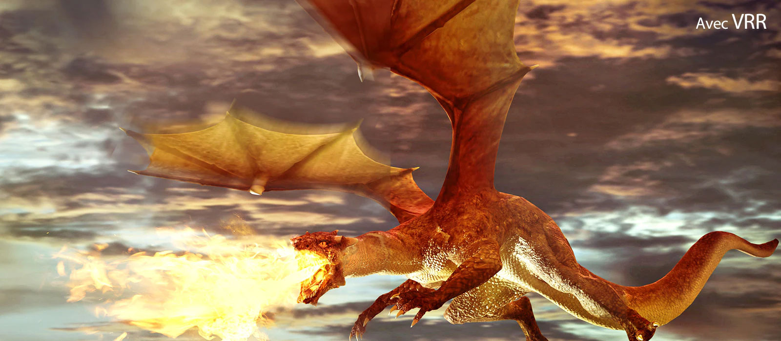 La moitié gauche de la scène, affichant une image floue, est un dragon rouge volant et crachant du feu avec le texte « sans VRR » en haut à gauche. La moitié droite de la scène, affichant une image nette, est un dragon rouge volant et crachant du feu avec le texte « avec VRR » en haut à gauche.