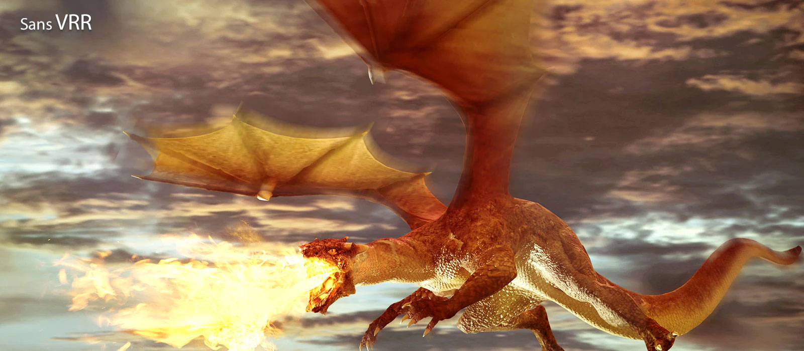 La moitié gauche de la scène, affiche une image floue et un dragon rouge volant et crachant du feu avec le texte « sans VRR » en haut à gauche. La moitié droite de la scène, affichant une image nette, et un dragon rouge volant et crachant du feu avec le texte « avec VRR » en haut à gauche.