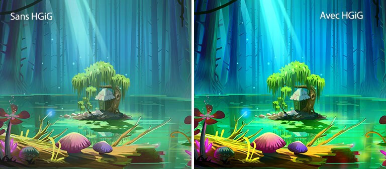 Une image animée d’une petite maison et d’un arbre, sur un petit terrain au milieu d’une mare entourée de grands arbres sans feuilles, accompagné du texte « avec HGiG » en haut à droite, l’image est plus lumineuse et de meilleure qualité que celle sans HGiG.