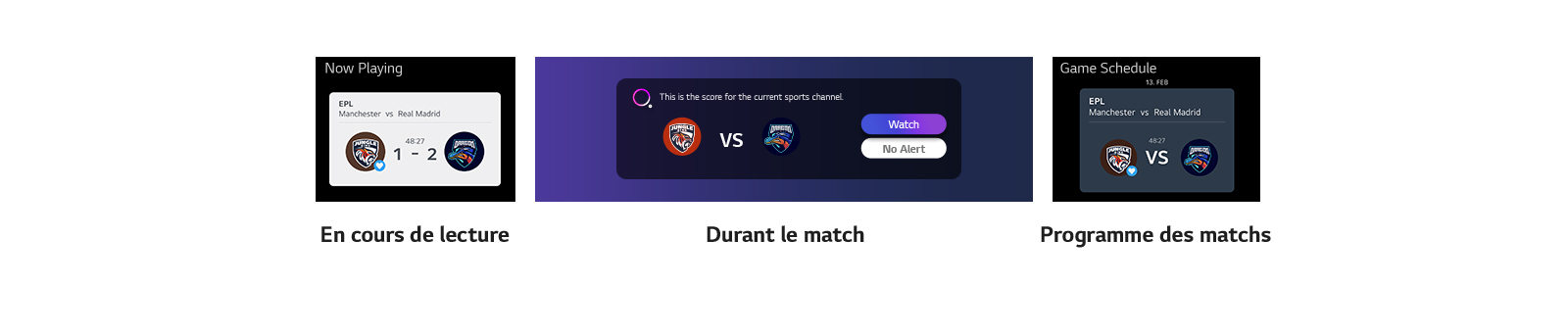 Plusieurs types de notifications en rapport avec les résultats, les rencontres et les heures de débuts sont listées horizontalement sous l’image.