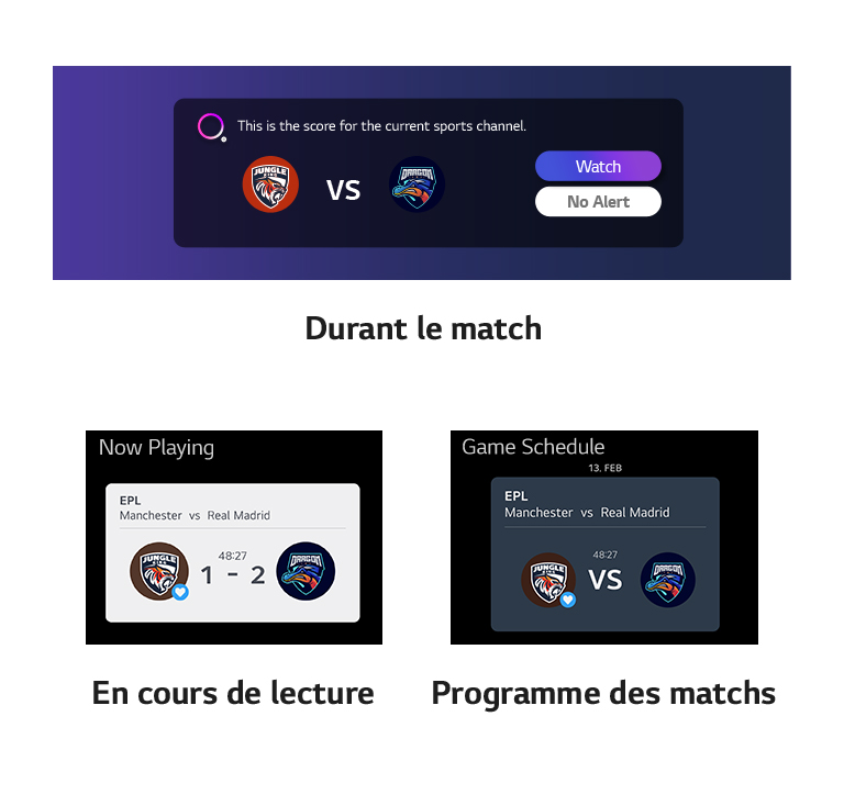 Plusieurs types de notifications en rapport avec les résultats, les rencontres et les heures de débuts sont listées horizontalement sous l’image.