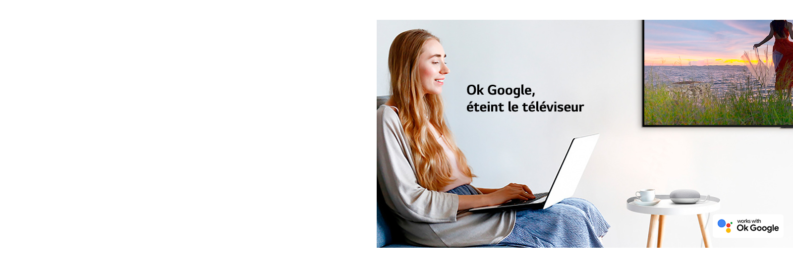 Une femme assise sur un canapé avec un ordinateur portable dans une pièce avec un téléviseur sur un mur commande à un haut-parleur IA d’éteindre le téléviseur.