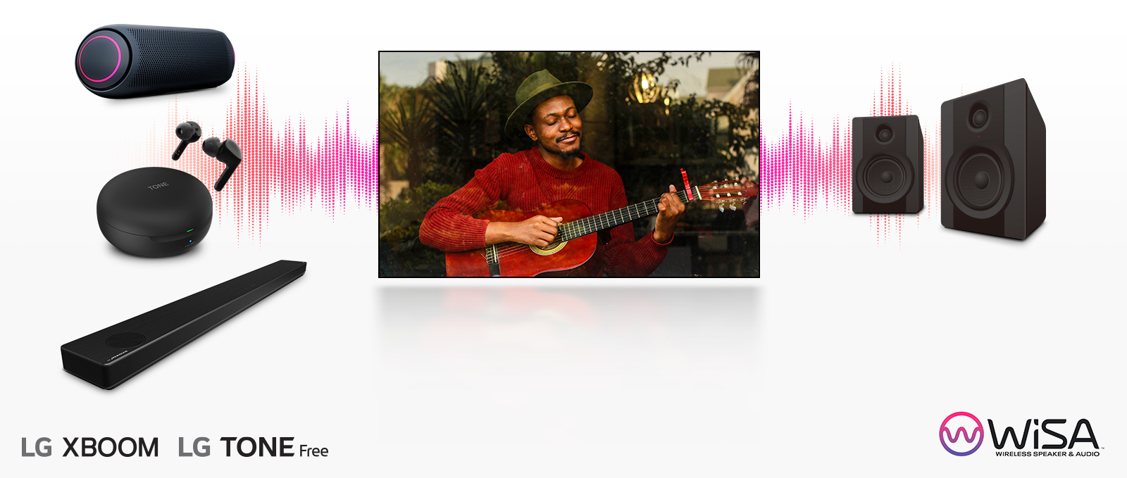 Un écran de téléviseur montrant un homme jouant de la guitare avec des produits audio de LG et d’autres marques autour.