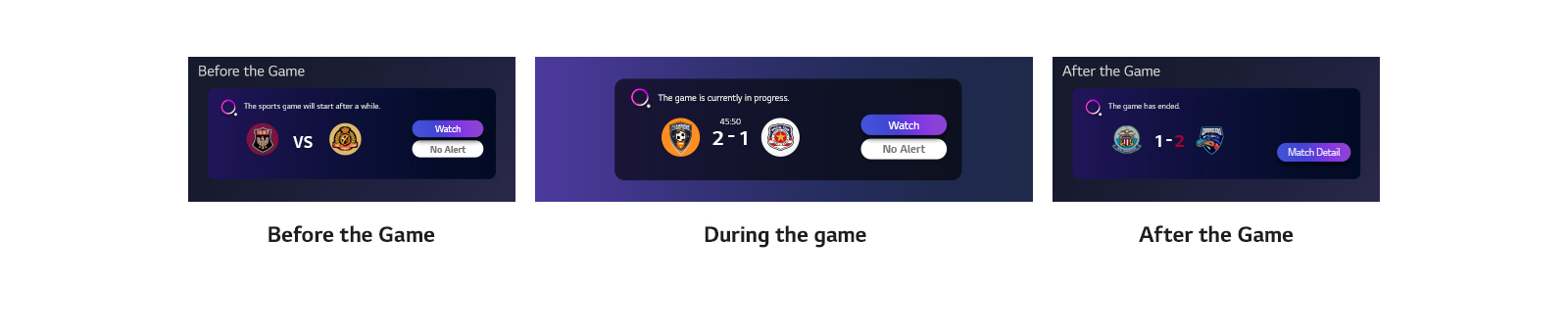 Plusieurs types de notifications en rapport avec les résultats, les rencontres et les heures de débuts sont listées horizontalement sous l’image.