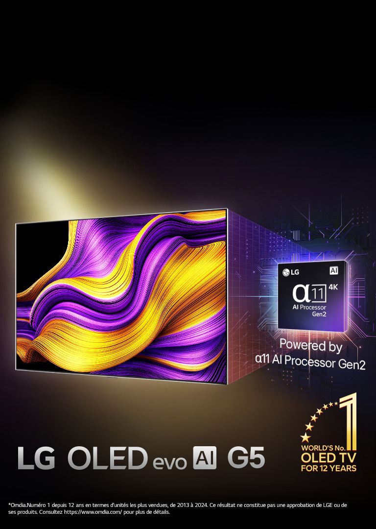 Sur l’écran d’une TV LG OLED evo AI se trouve une image abstraite aux détails, couleurs et contrastes impressionnants. Une version agrandie du processeur alpha 11 AI de 2ème génération se trouve derrière la TV. Sa lumière brillante éclaire les circuits de micropuce qui l’entourent. Le titre dit LG OLED evo AI. Le texte est également visible, alimenté par le processeur IA alpha 11 LG de 2ème génération. Un logo doré avec des étoiles dans le coin dit : l’OLED TV numéro un mondial depuis 12 ans.