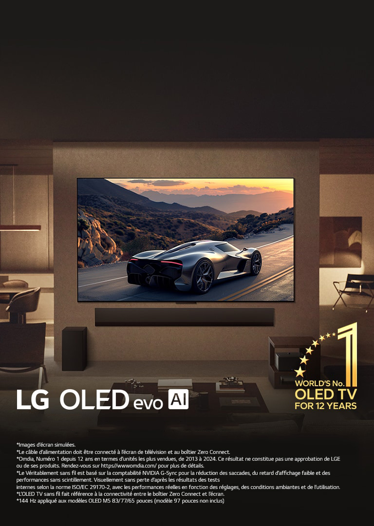 Salon élégant avec la TV LG OLED evo M5 fixée au mur. Une LG Soundbar est en dessous. Boîtier Zero Connect placé sous une table d’appoint. Aucun câble n’est visible, mettant en valeur la technologie Véritablement sans fil de la TV. L’emblème OLED TV numéro un mondial depuis 12 ans et le logo LG OLED evo AI sont visibles. 
