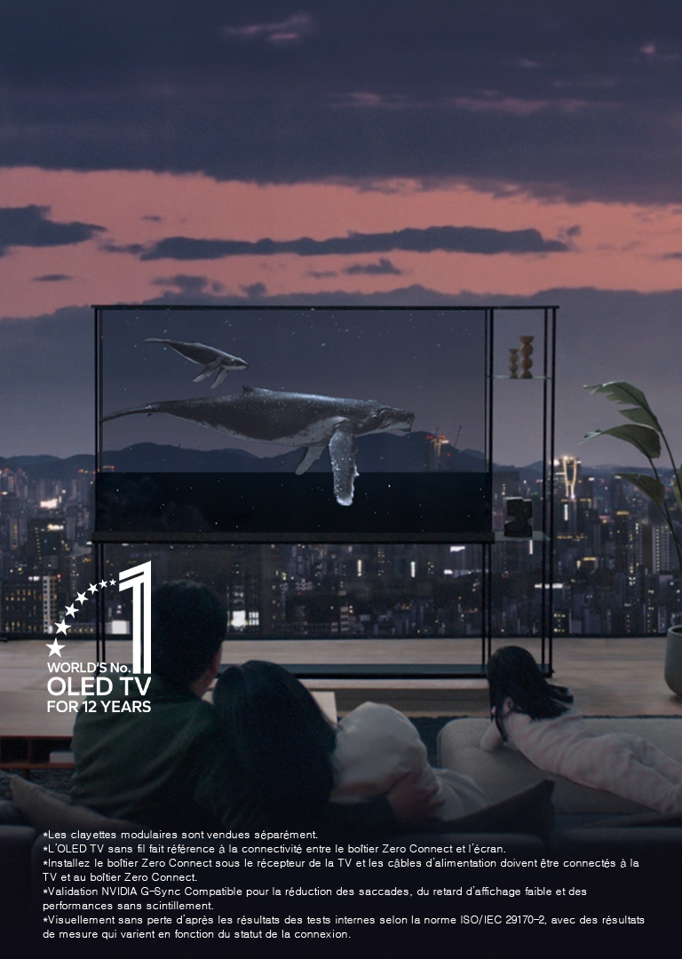 La baleine nage sur la OLED LG SIGNATURE T tandis que l’ombre est tirée vers le bas pour montrer la vue de la ville le soir. Des personnes sont assises sur le canapé au premier plan, face à la TV et à la fenêtre. Le boîtier Zero Connect est situé sur une petite table à gauche de la TV. 