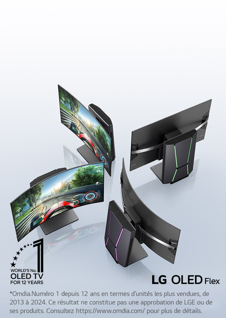 Vue du haut légèrement inclinée de quatre TVs LG OLED Flex positionnées pour montrer l’écran incurvé unique de la TV. Sur les TVs où l’écran est visible, on voit un jeu vidéo de course. L’emblème OLED TV numéro 1 dans le monde depuis 12 ans figure dans le coin. Le logo du produit LG OLED Flex est visible.