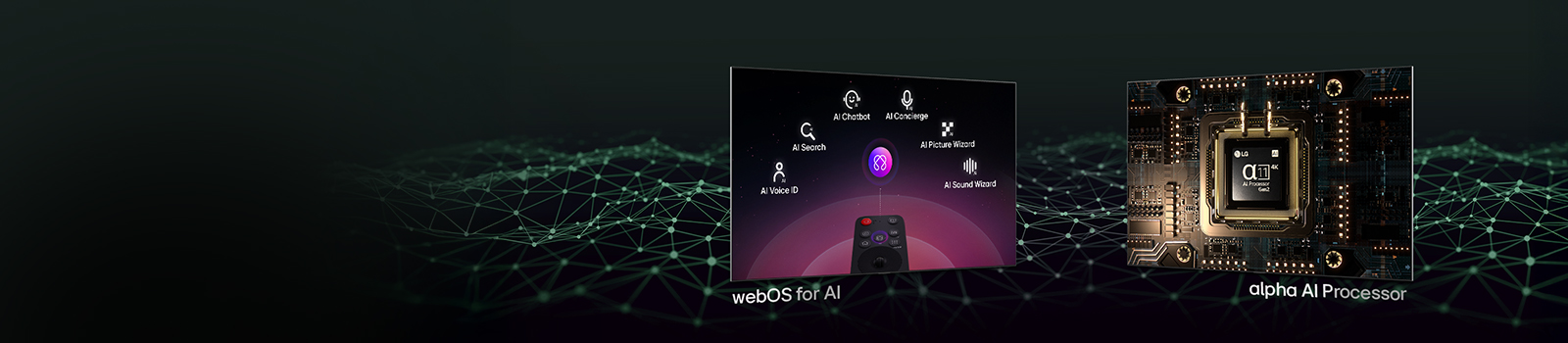 Deux écrans différents montrant différentes fonctionnalités. Un écran montre la LG AI Magic Remote avec un texte ci-dessous qui lit webOS pour l’IA. Un autre écran montre le processeur alpha 11 AI de 2ème génération allumé avec le texte ci-dessous qui dit Processeur alpha AI.