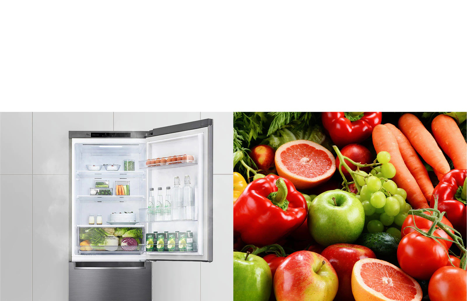 La première image montre le réfrigérateur rempli de boissons et de produits avec la porte du haut ouverte. La deuxième image montre des fruits et des légumes aux couleurs vives et brillantes dans un groupe.