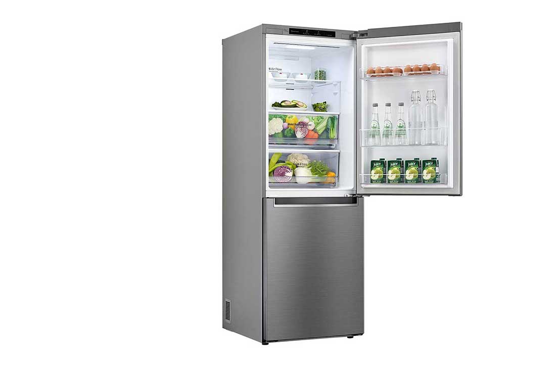 LG Réfrigérateur 306 l nets à 2 portes avec congélateur en bas et compresseur Smart Inverter, vue de gauche supérieure, ouvert, nourriture, GC-B369NLJM, thumbnail 11