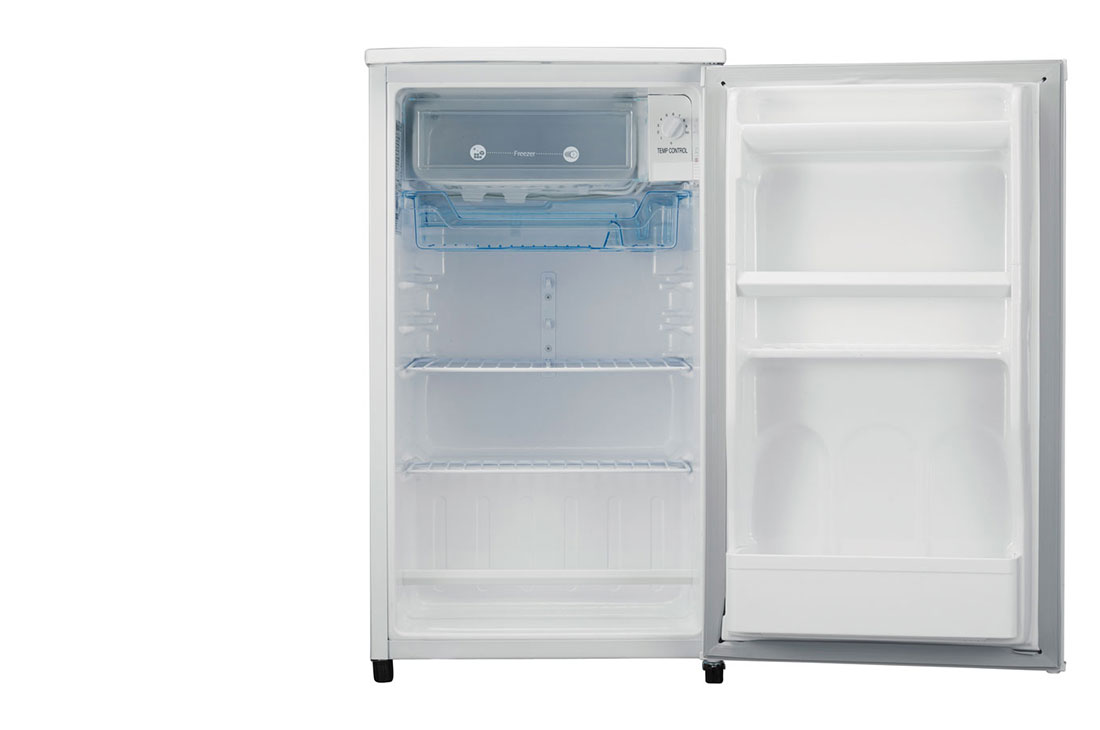 LG Réfrigérateur à une porte de 92 litres doté du refroidissement direct, d’un stabilisateur de tension (110 V - 290 V), d’un compartiment congélateur et de deux clayettes grillagées, GL-131SLQP - Avant ouvert, GL-131SLQP