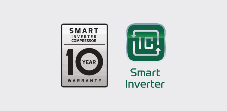Le logo de garantie de 10 ans pour le logo du compresseur Smart Inverter se trouve à côté du logo Smart Inverter.