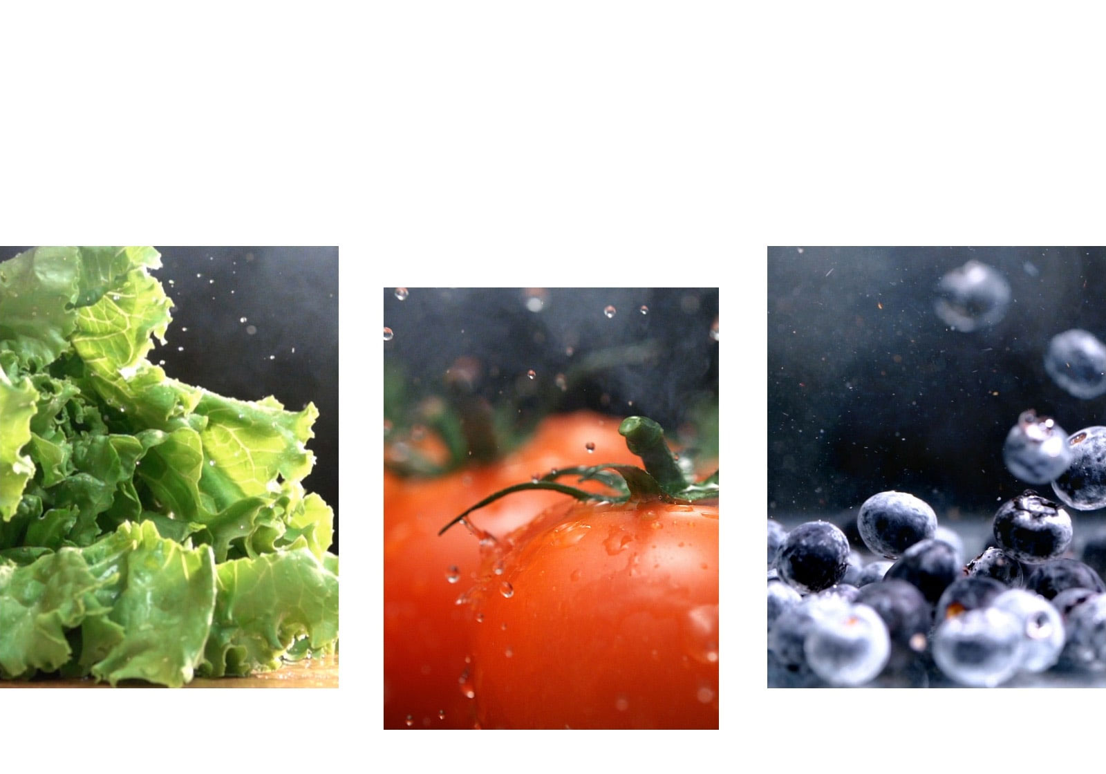 Une vidéo en gros plan de l’eau s’égouttant d’une laitue verte croquante jouxte une vidéo en gros plan de l’eau tombant sur des tomates rouges fraîches, ainsi qu’une vidéo de bleuets humides et brillants en mouvement.