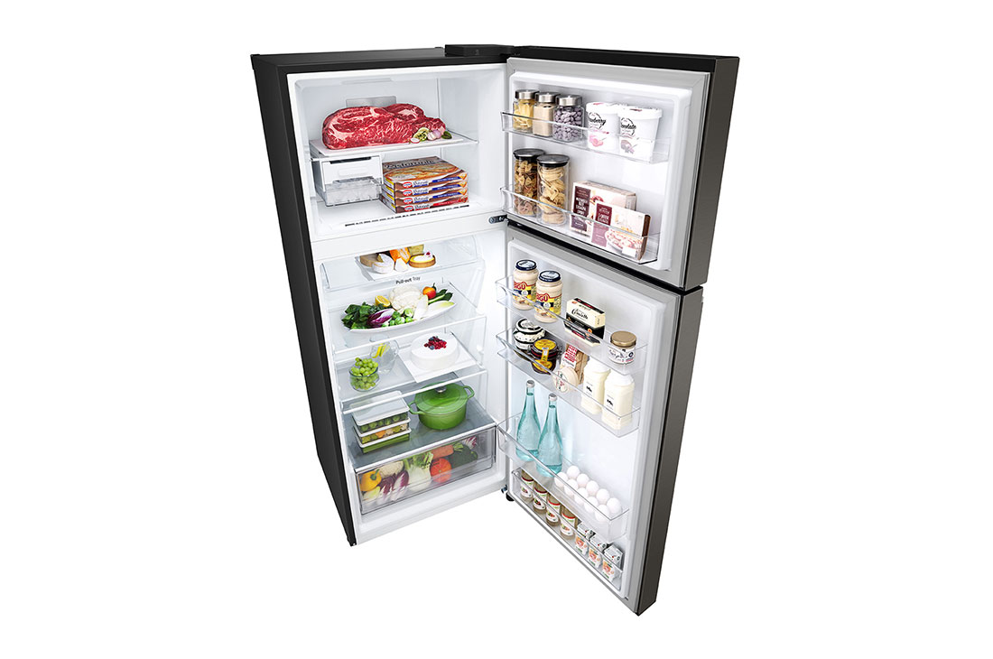 LG 330(L) | Top Freezer Refrigerator |Smart Inverter Compressor | LinearCooling™ | DoorCooling+™, top perspective open view with food stored, GN-B312PFJB, thumbnail 11