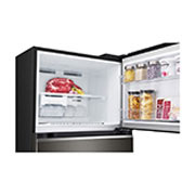 LG 330(L) | Top Freezer Refrigerator |Smart Inverter Compressor | LinearCooling™ | DoorCooling+™, top freezer opened with moving ice maker attached and food stored, GN-B312PFJB, thumbnail 6