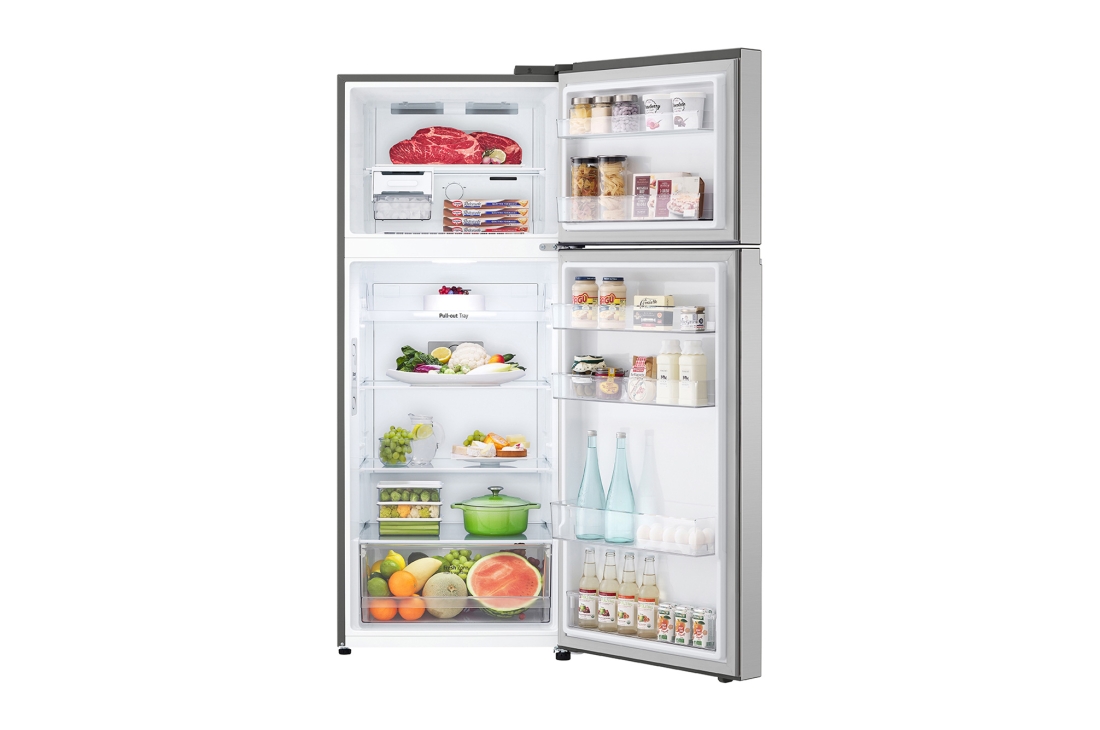 LG 423(L) | Top Freezer Refrigerator |Smart Inverter Compressor | LinearCooling™ | DoorCooling+™, front open view with food stored, GN-F392PFAK, thumbnail 2