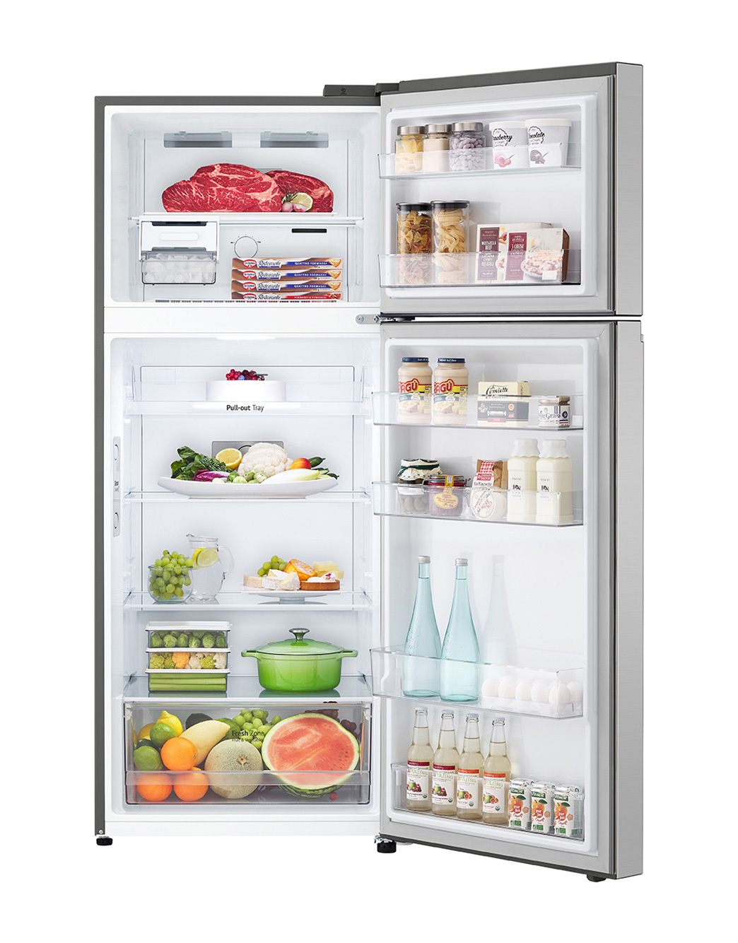 LG 423(L) | Top Freezer Refrigerator |Smart Inverter Compressor | LinearCooling™ | DoorCooling+™, front open view with food stored, GN-F392PFAK, thumbnail 2