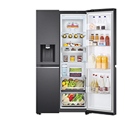 LG 674L Réfrigérateur Side-by-Side avec distributeur d’eau UVnano® en finition noir mat, front view with right side door open with Food, GC-L257KLKW, thumbnail 10