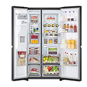 LG 674L Réfrigérateur Side-by-Side avec distributeur d’eau UVnano® en finition noir mat, Front view with double door open with Food, GC-L257KLKW, thumbnail 2