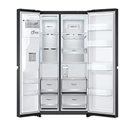 LG 674L Réfrigérateur Side-by-Side avec distributeur d’eau UVnano® en finition noir mat, Front view with double door open without Food, GC-L257KLKW, thumbnail 3