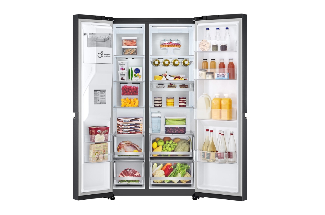 LG 674L Réfrigérateur Side-by-Side avec distributeur d’eau UVnano® en finition noir mat, Front view with double door open with Food, GC-L257KLKW, thumbnail 2