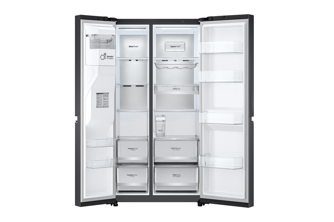 LG 674L Réfrigérateur Side-by-Side avec distributeur d’eau UVnano® en finition noir mat, Front view with double door open without Food, GC-L257KLKW, thumbnail 3