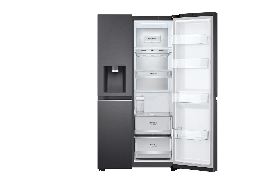 LG 674L Réfrigérateur Side-by-Side avec distributeur d’eau UVnano® en finition noir mat, front view with right side door open without Food, GC-L257KLKW, thumbnail 11