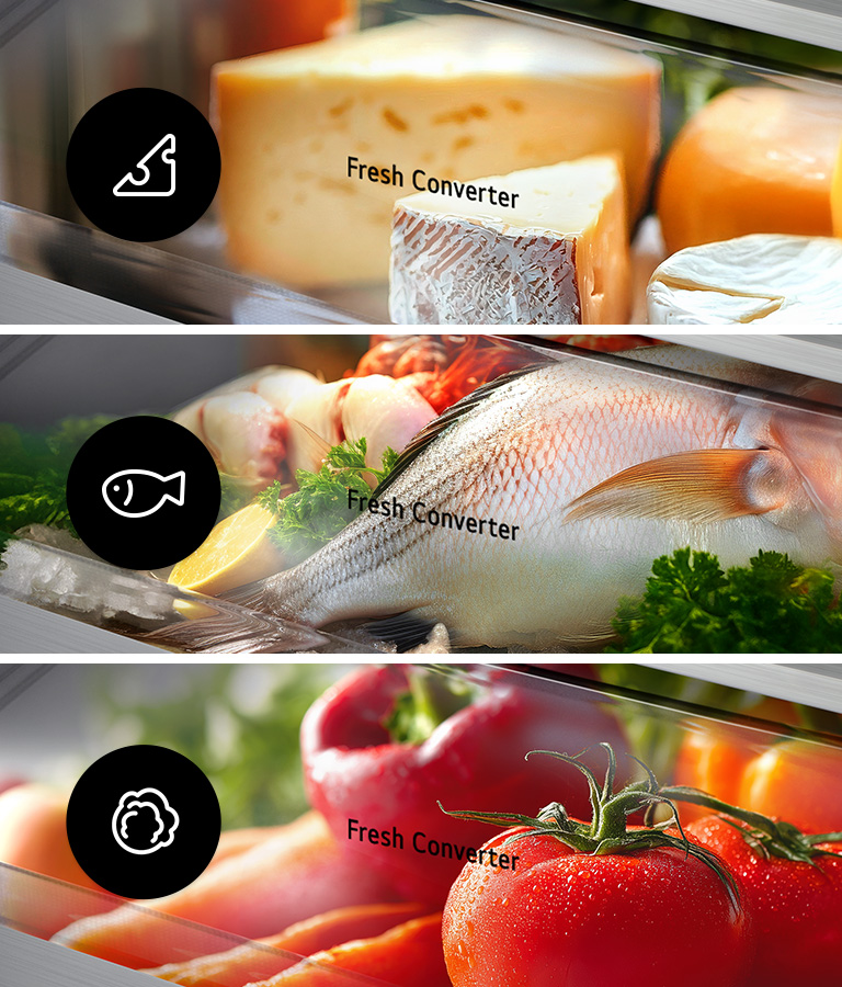 Compartiments Fresh Converter affichant différents réglages de température pour le stockage du fromage, du poisson et des légumes.