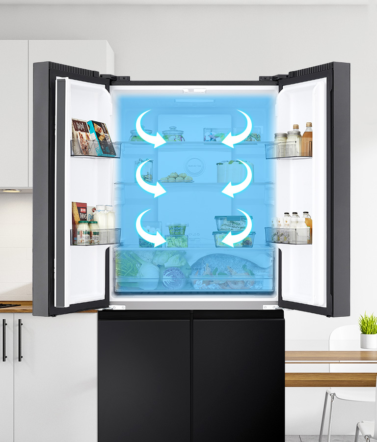 Réfrigérateur lg ouvert à plusieurs portes avec système Multi air flow, montrant une circulation d’air frais pour une distribution uniforme de la température.