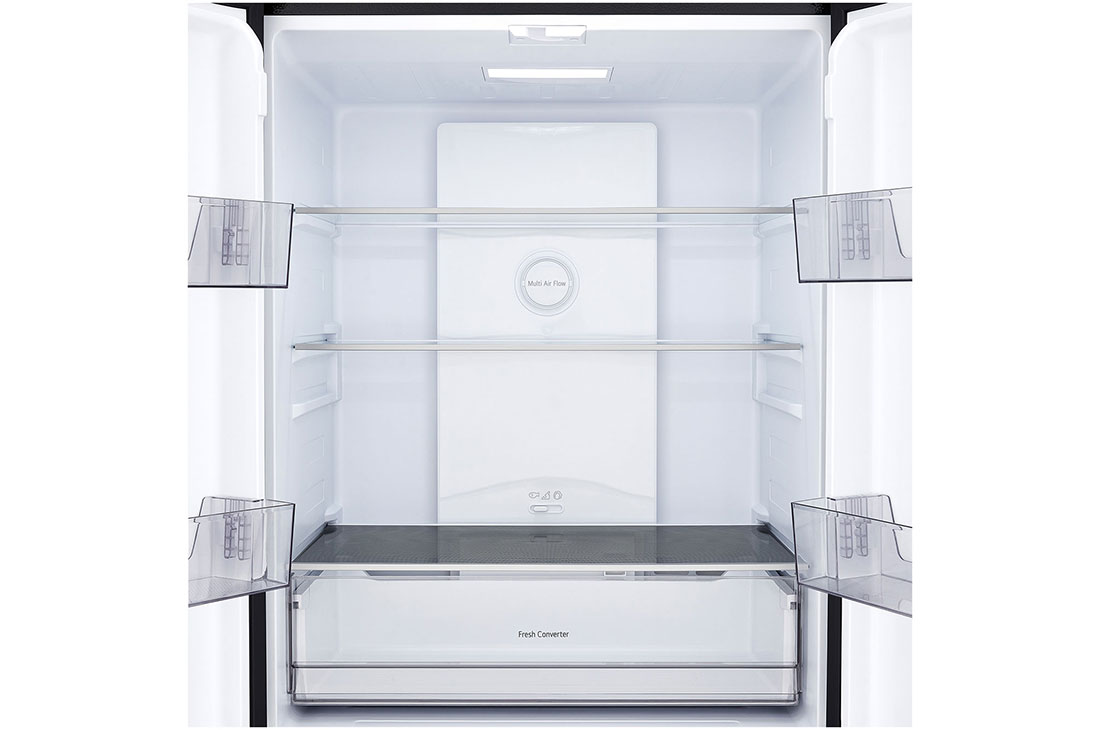 LG Réfrigérateur multi-portes 400 L en verre noir, vue ouverte du compartiment supérieur du réfrigérateur lg multi-portes, GCFB41FPLAM, thumbnail 3