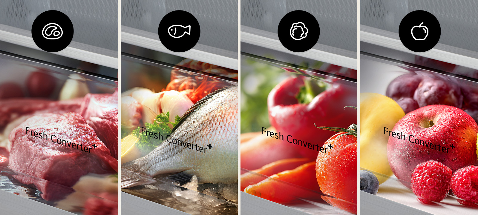 Des compartiments de Fresh Converter présentés pour stocker de la viande, du poisson, des légumes et des fruits à différentes températures.