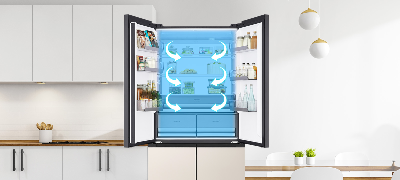 Réfrigérateur ouvert avec système Multi air flow, montrant une circulation d’air frais pour une distribution uniforme de la température.