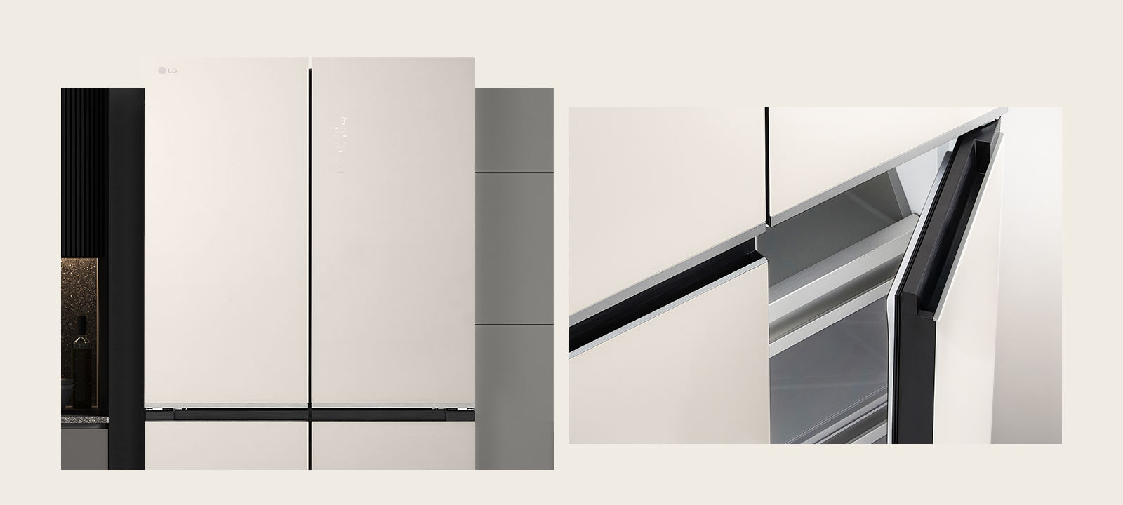 réfrigérateur vu de face, avec un gros plan mettant en valeur le design intégré de la poignée de poche.