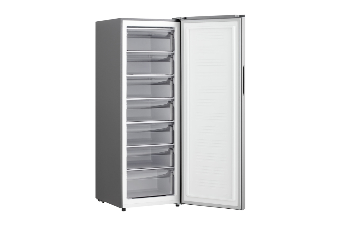 LG Réfrigérateur-congélateur vertical 350&nbsp;L Prime argent, Vue de la porte s'ouvrant vers la droite du congélateur vertical LG GCFB314MQCM , GCFB354MQCM, thumbnail 3