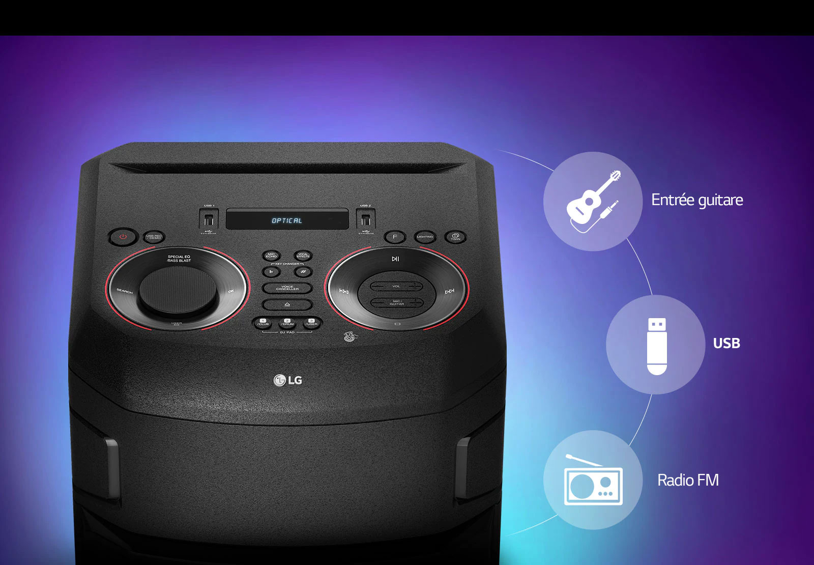 Gros plan du dessus de l’enceinte LG XBOOM autour de laquelle sont affichées les icônes de connectivité.