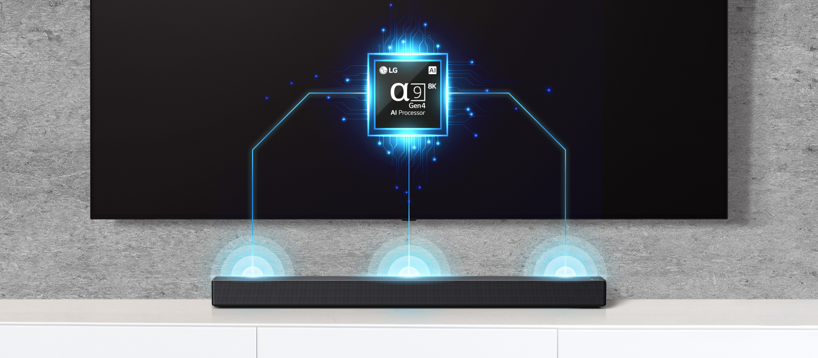 On peut voir l’image d’une puce Alpha 9 sur le téléviseur et une barre de son juste en dessous. On peut aussi voir des effets Soundwave sortant de la barre de son. 