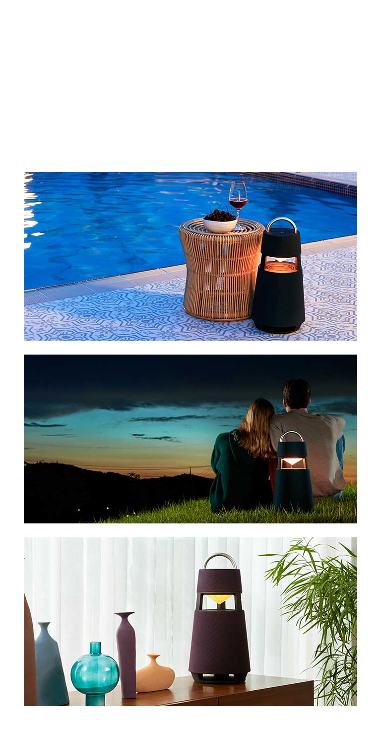 Image de la XBOOM 360 debout émettant des lumières jaunes au bord d’une piscine extérieure. Image de la XBOOM 360 posée debout derrière une femme et un homme regardant le ciel nocturne au coucher du soleil. Image de la XBOOM 360 debout émettant des lumières jaunes sur le côté gauche arrière d’une femme qui s’amuse à la fête.