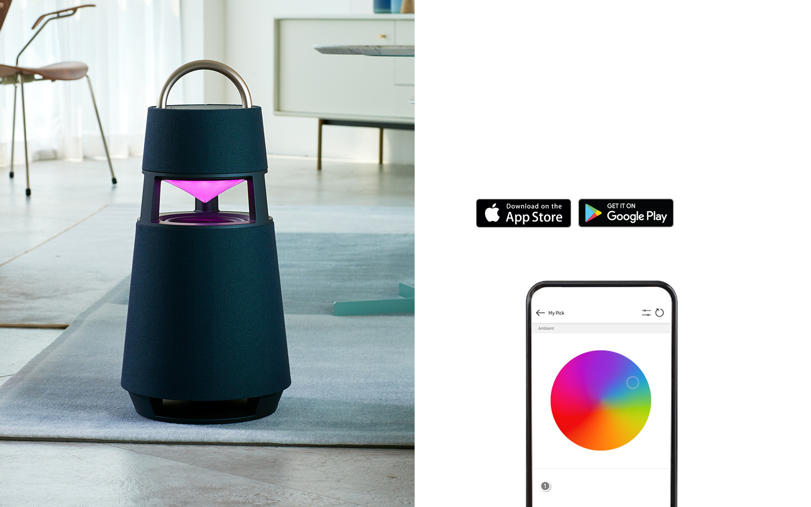 Une image GIF dans laquelle le réflecteur de la XBOOM 360 posée sur le sol de la pièce change de couleur suivant les mouvements de l’écran du téléphone portable.