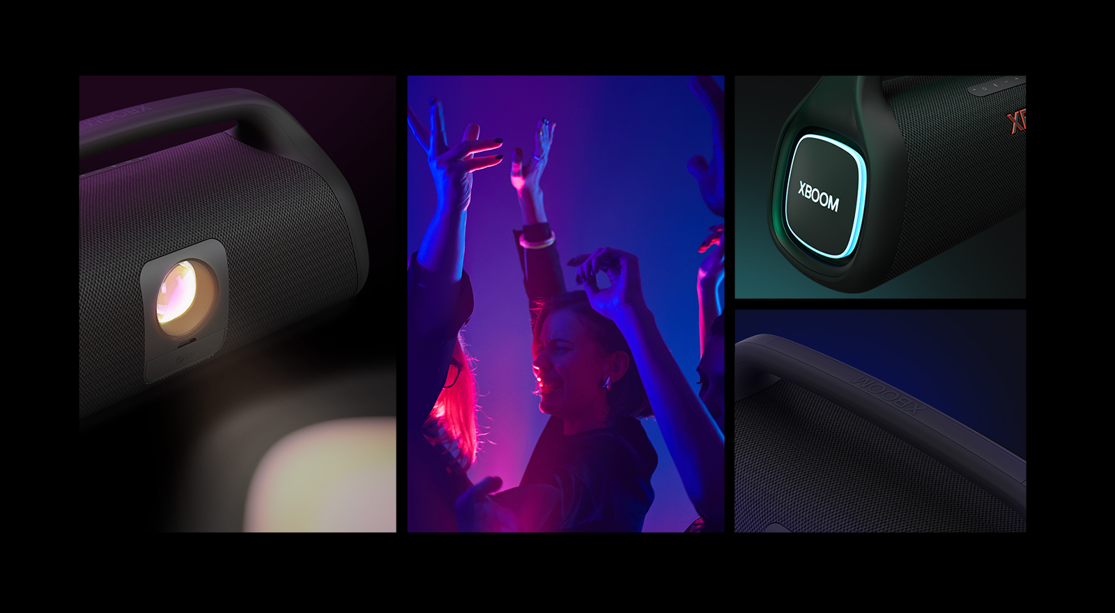 Université. En partant de la gauche, une vue rapprochée de la LG XBOOM Go XG9. À côté, une image des personnes en train de danser sur de la musique. À droite, de haut en bas : vue rapprochée de l’enceinte émettant une lumière rose et un verre rempli de boisson.