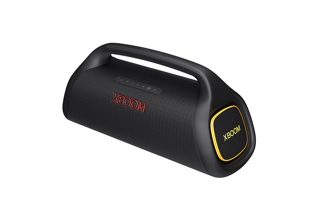 LG XBOOM Go XG9 – Enceinte Bluetooth étanche à l’eau et à la poussière | Jusqu’à 24h d’autonomie | Adaptée aux usages en extérieur, festifs, et aux voyages | Bluetooth 5.1 | Basses rugissantes, Diagonal view with right side forward, organge lighting is on, XG9QBK, thumbnail 6