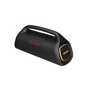 LG XBOOM Go XG9 – Enceinte Bluetooth étanche à l’eau et à la poussière | Jusqu’à 24h d’autonomie | Adaptée aux usages en extérieur, festifs, et aux voyages | Bluetooth 5.1 | Basses rugissantes, Diagonal view with right side forward, organge lighting is on, XG9QBK, thumbnail 6