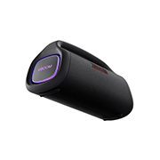 LG XBOOM Go XG9 – Enceinte Bluetooth étanche à l’eau et à la poussière | Jusqu’à 24h d’autonomie | Adaptée aux usages en extérieur, festifs, et aux voyages | Bluetooth 5.1 | Basses rugissantes, Low angle with left side forward, purple lighting is on, XG9QBK, thumbnail 10