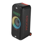 LG XBOOM XL7S | Enceinte Bluetooth Puissante | 250W | Jusqu'à 18h d'autonomie | IPX4 | Eclairage à Pixels, Côté gauche en avant avec tous les éclairages allumés. Happy est affiché sur le panneau Éclairage dynamique à pixels., XL7S, thumbnail 2