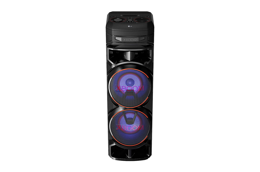 LG XBOOM RNC9 | Système Audio High Power | 105,6 cm de hauteur | Bluetooth | Boomer 8’’ | Eclairage multicolore | Fonctions DJ & Karaoké, Vue de dessus à 45 degrés avec éclairage bleu, RNC9, thumbnail 2