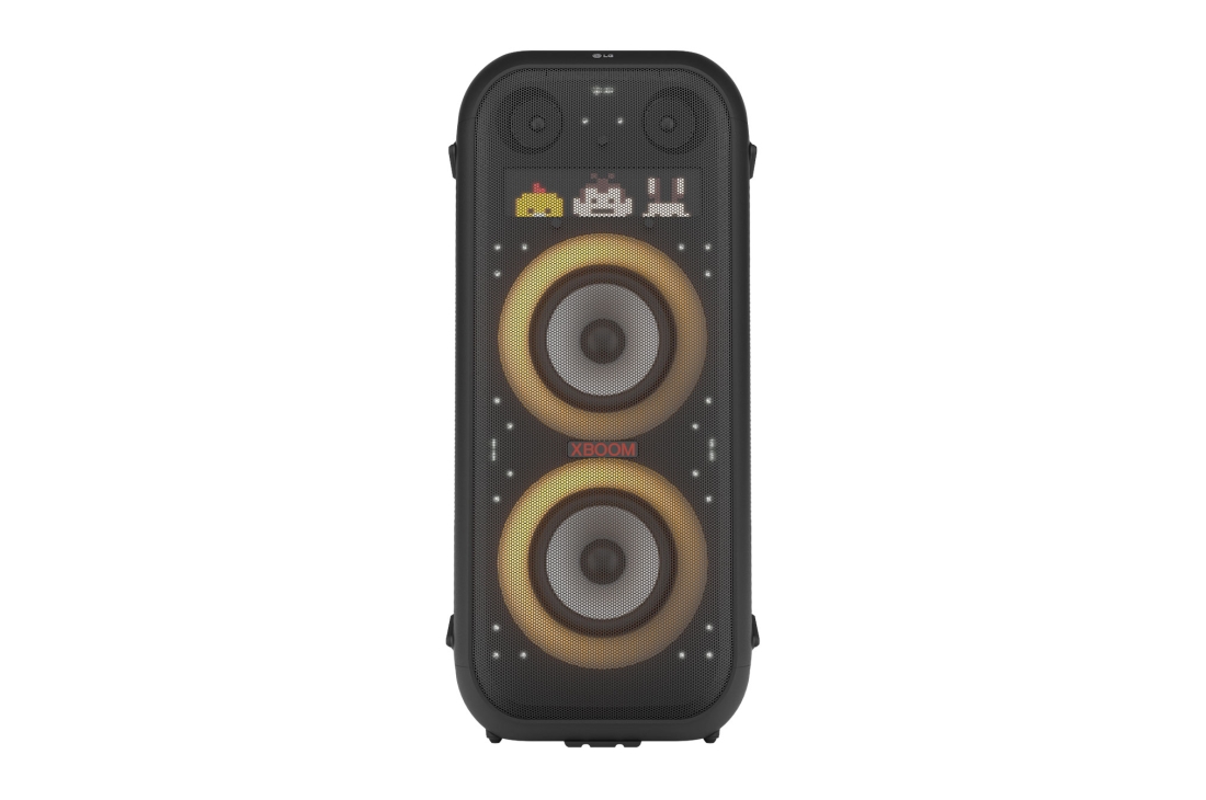 LG XBOOM XL9T Enceinte Bluetooth Puissante | 1000W | Woofer de 8 pouces | Sound Boost | IPX4, Vue avant du produit avec tous les éclairages allumés. Sur le panneau d’Affichage de Pixel Art, il affiche les caractères., XL9T, thumbnail 9