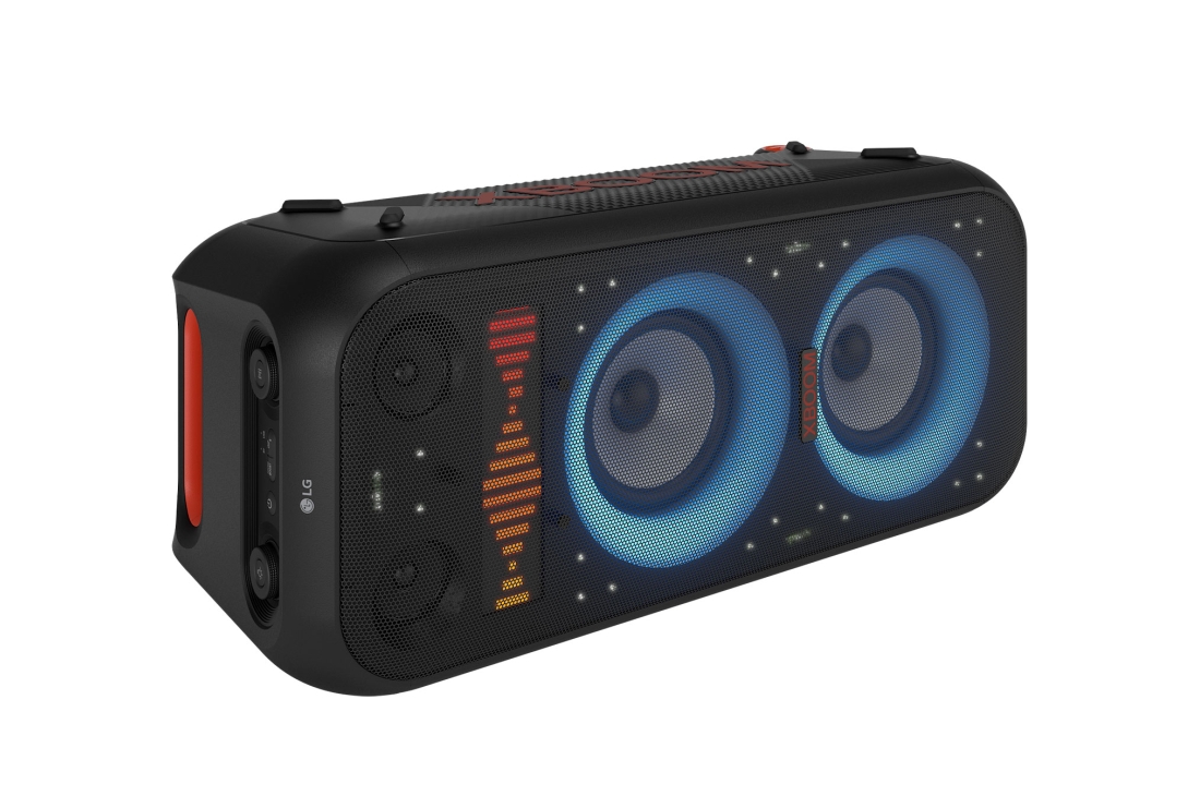LG XBOOM XL9T Enceinte Bluetooth Puissante | 1000W | Woofer de 8 pouces | Sound Boost | IPX4, Vue horizontale du produit avec tous les éclairages allumés., XL9T, thumbnail 12
