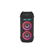 LG XBOOM XL9T Enceinte Bluetooth Puissante | 1000W | Woofer de 8 pouces | Sound Boost | IPX4, Vue avant avec tous les éclairages allumés. Sur le panneau d’Affichage de Pixel Art, il affiche un égaliseur d'ondes sonores., XL9T, thumbnail 1