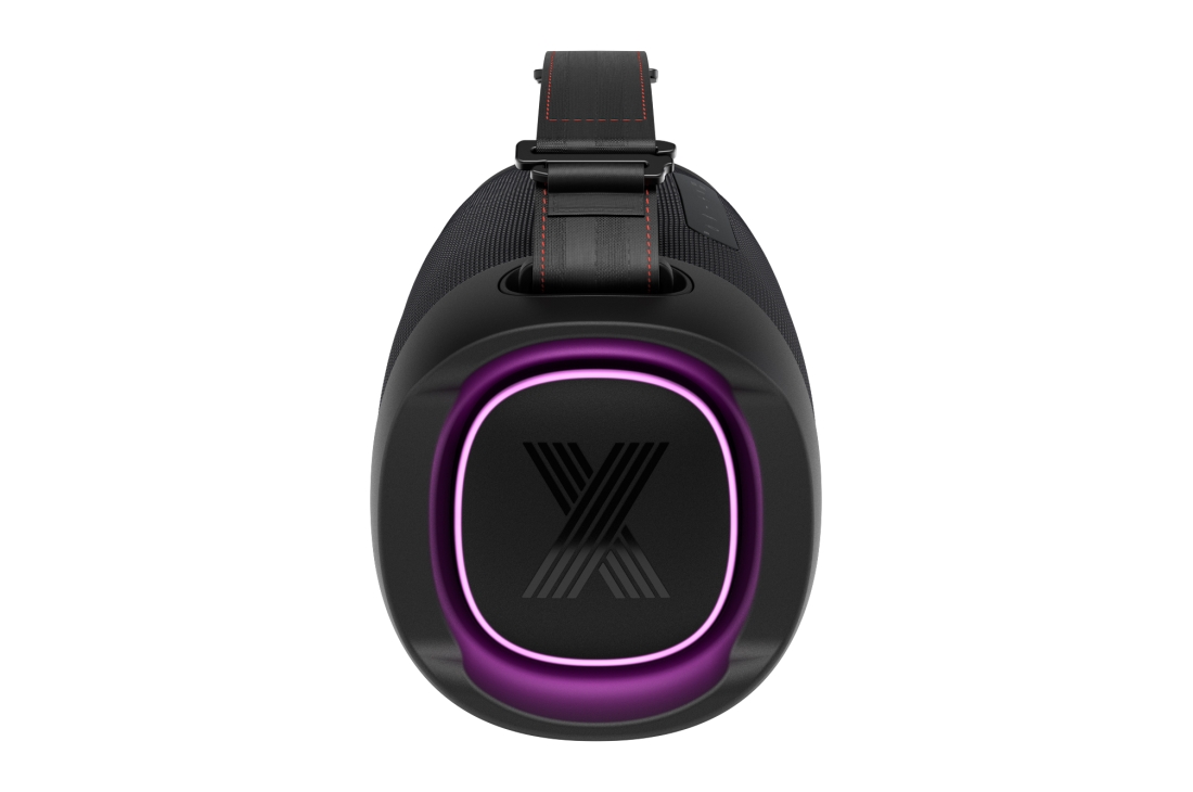 LG XBOOM Go XG8T Système Audio | 120W | Woofer de 8 pouces | Sound Boost | Light Studio | IP67, Vue de face du woofer avec un éclairage violet allumé., XG8T, thumbnail 7