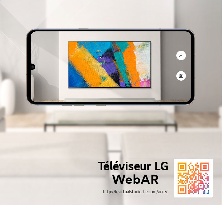 Ceci est une simulation Web AR des images du téléviseur LG OLED. Des images d’un téléphone portable se superposent dans un espace minimaliste. Il y a un code QR en bas à droite.